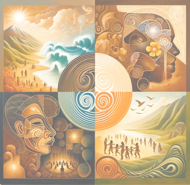 A painting of four different scenes with a circle in the middle