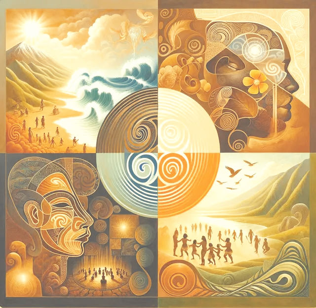 A painting of four different scenes with a circle in the middle