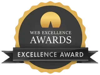 A black and gold web excellence award emblem