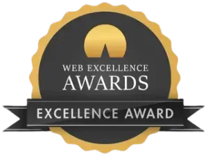 A black and gold web excellence award emblem