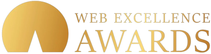 A logo for the web excellence awards with a gold circle in the middle.
