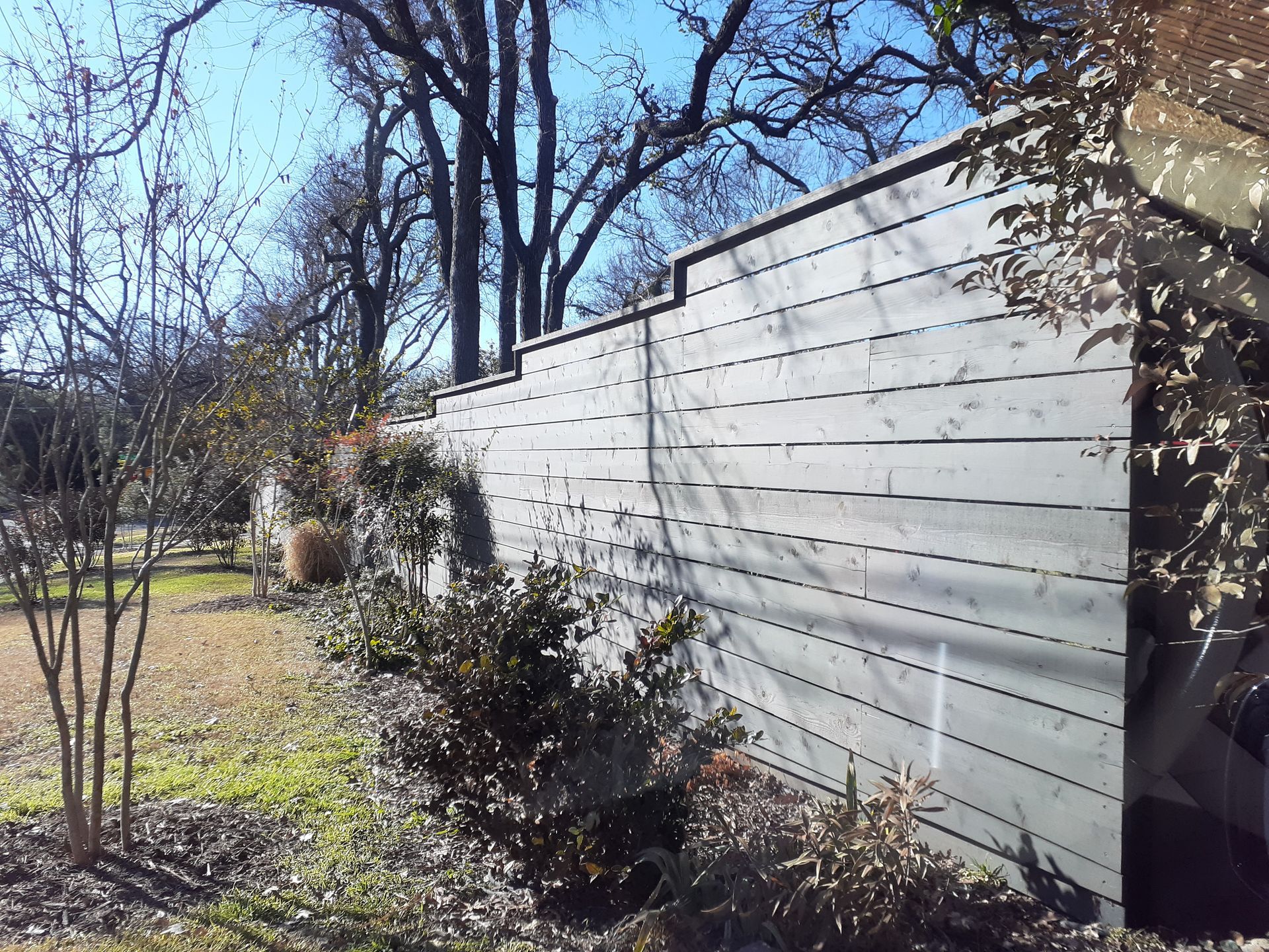 White fence along a sunlit garden path with bare trees and shrubs