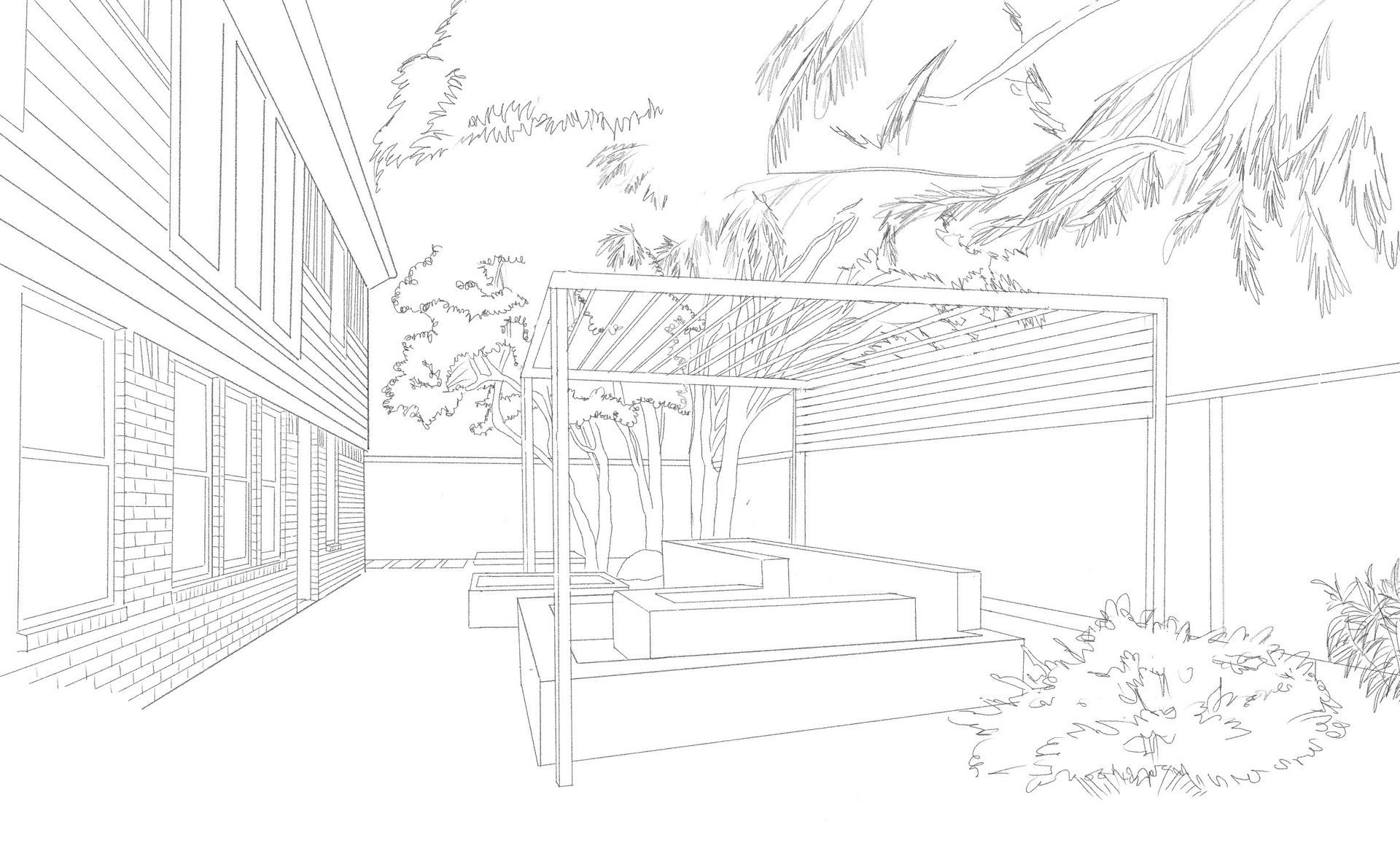 Modern patio with pergola, outdoor seating, and surrounding trees beside a building