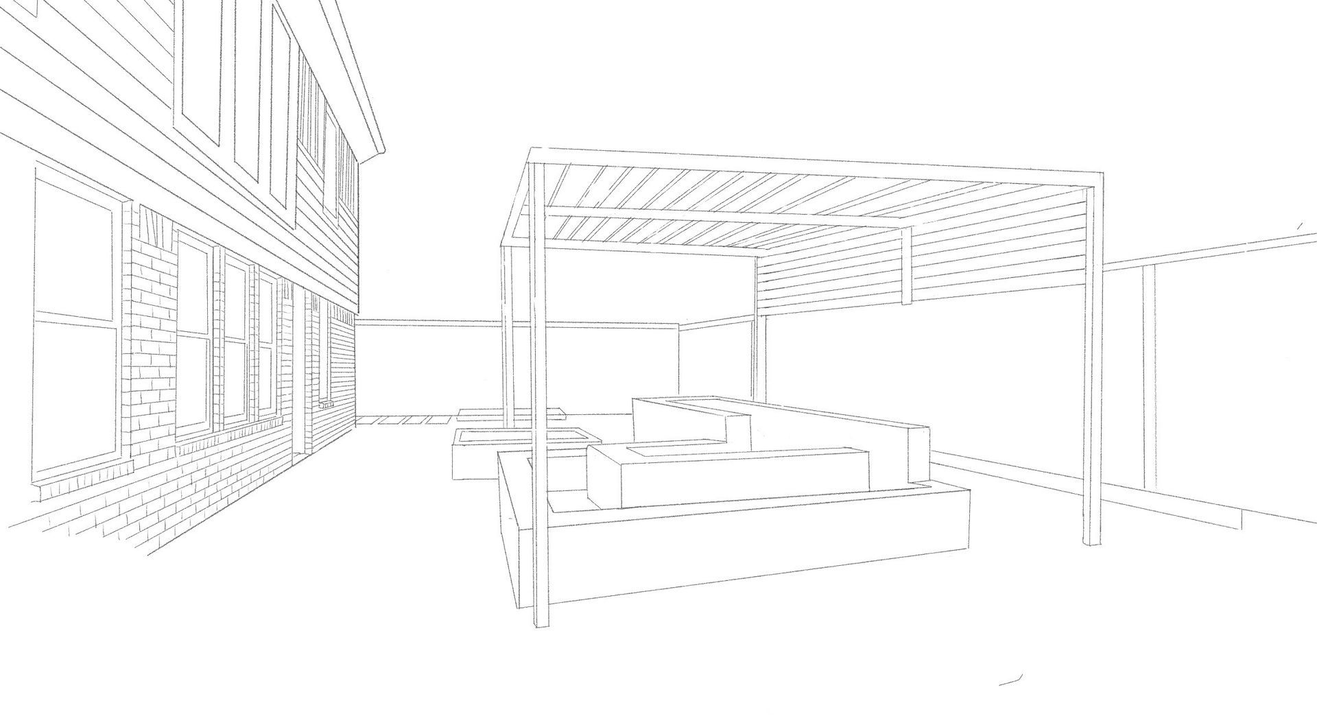 Outdoor patio with covered seating beside a building, shown in a line-drawing style