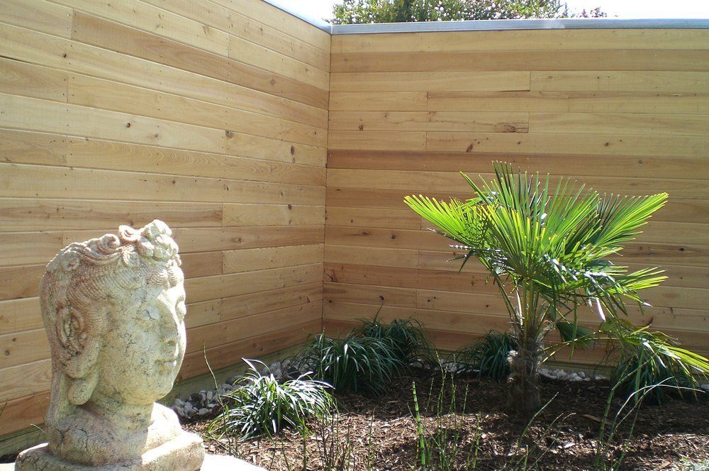 Backyard corner with wooden privacy fence, stone statue, and small palm in bright sunlight