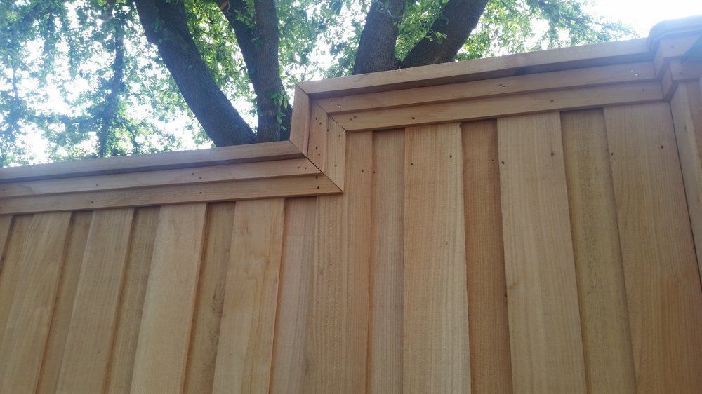 Wooden fence with a stepped top edge under leafy tree branches against the sky