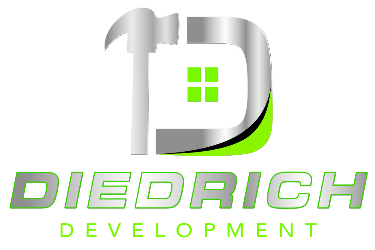 Diedrich Development logo with silver and green stylized D and green square accents