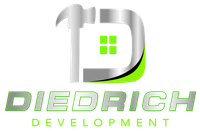 Diedrich Development logo with silver and green stylized D and green square accents