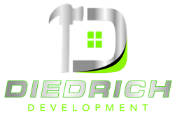 Diedrich Development logo with silver and green stylized D and green square accents