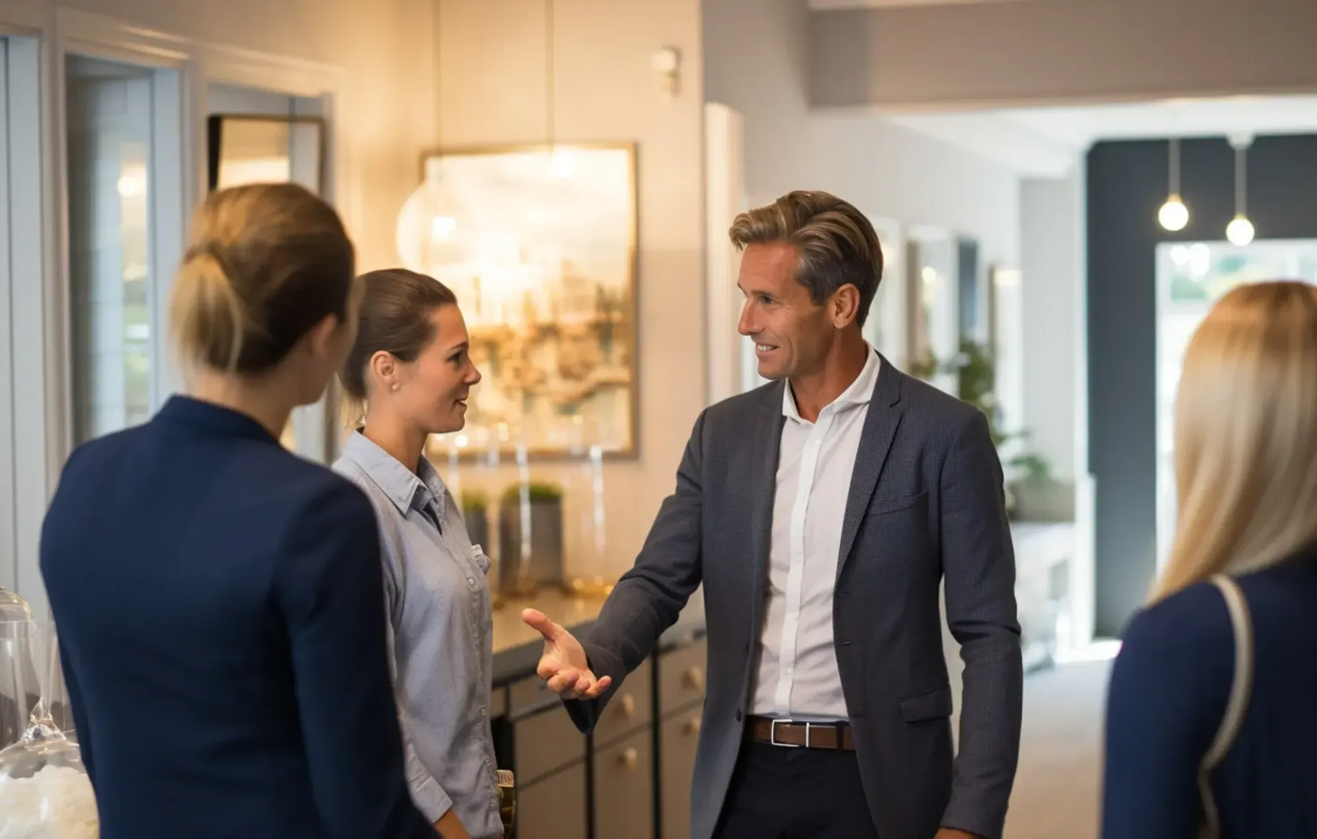Four people in a modern office greet each other, with one man shaking hands in the center.