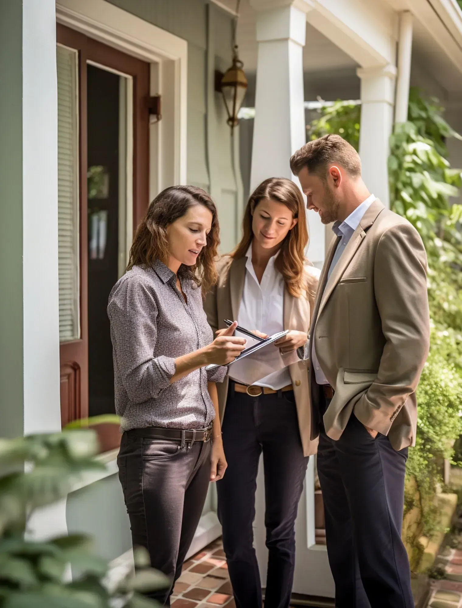 Three people reviewing documents outside a house, standing by the front porch.