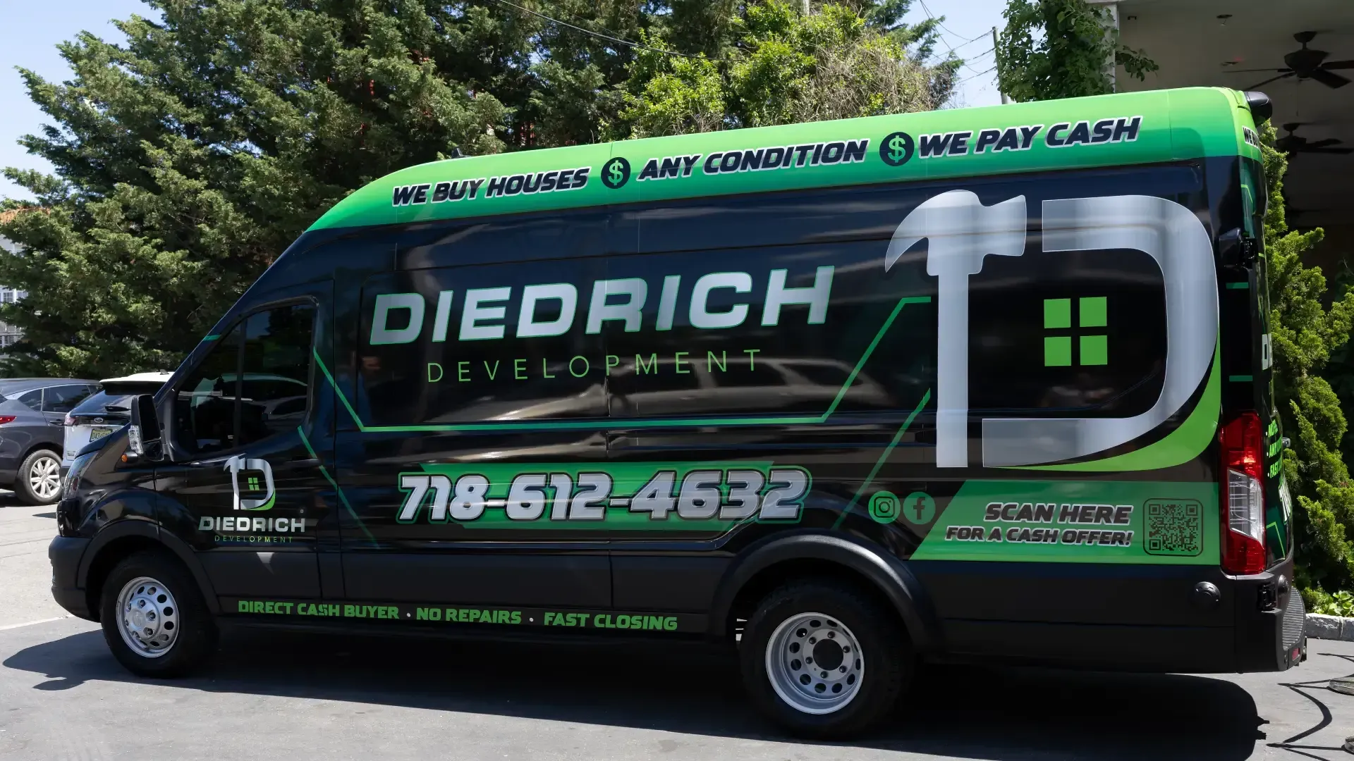 Local East Brunswick Cash Home Buyer. Green Diedrich service van parked outdoors, with black and neon green branding and phone number on the side