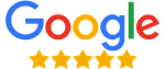 Google logo with five gold stars underneath, suggesting a five-star rating