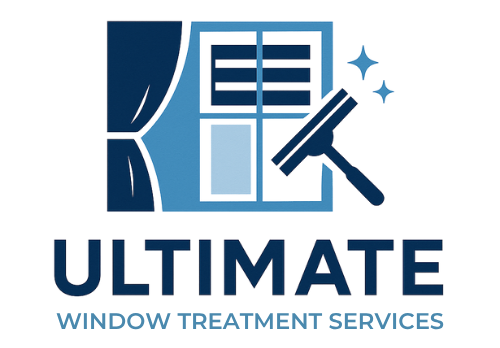 Logo: blue window with curtain, squeegee, and text 