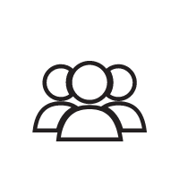 Three outlined people icons in black, representing a group or users
