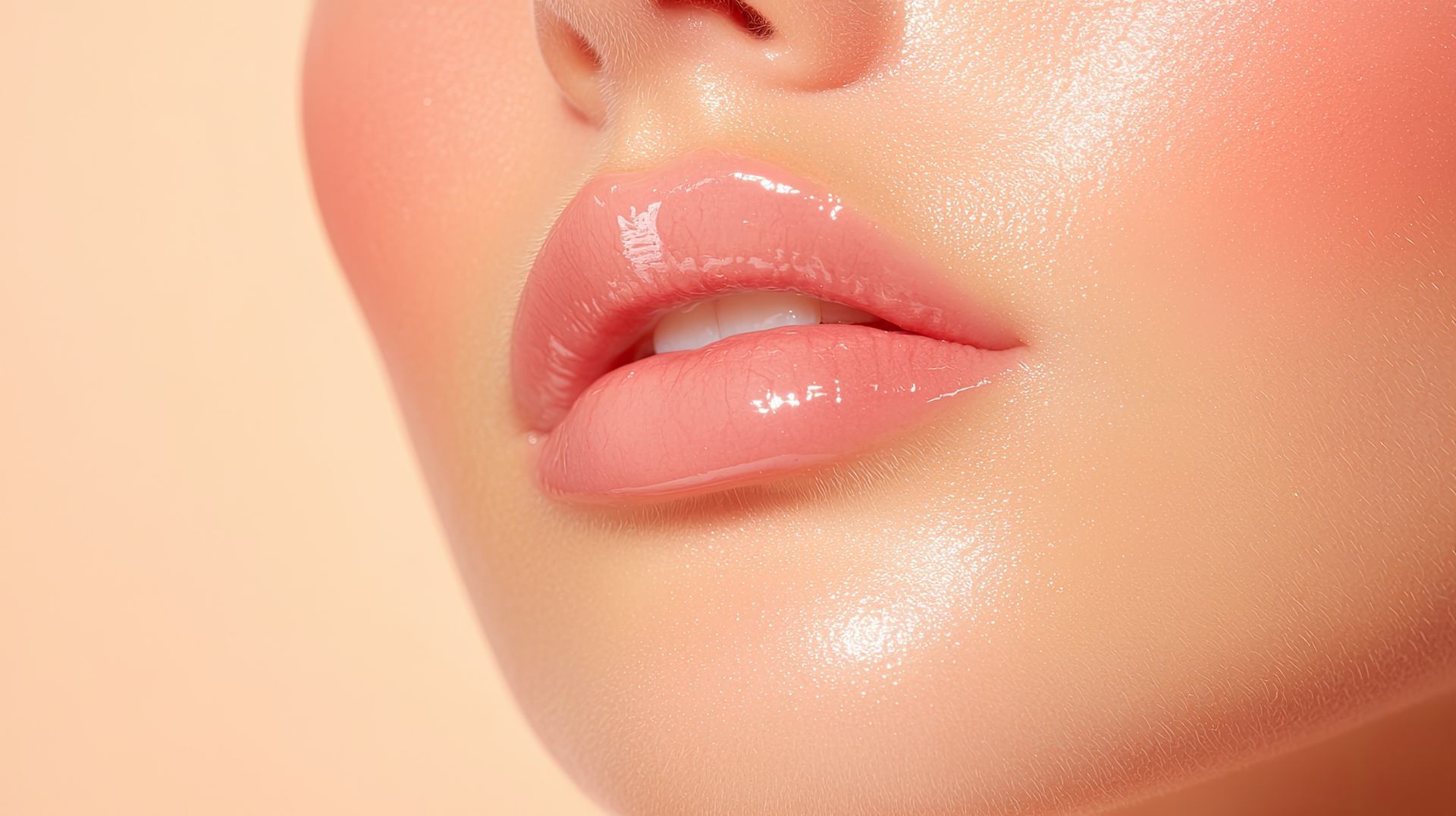Gros plan sur le visage d'une personne montrant des lèvres roses et brillantes, des joues rosées et un teint frais sur un fond pêche.