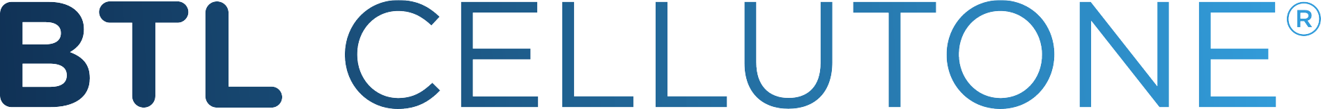 BTL CELLUTONE® en texte dégradé bleu et blanc.