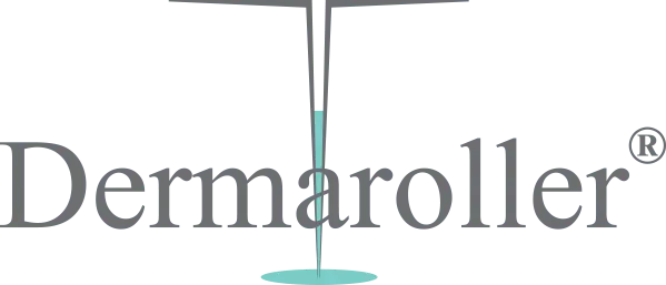 Logo Dermaroller avec une goutte de liquide stylisée d'une aiguille. Symbole de marque déposée présent.