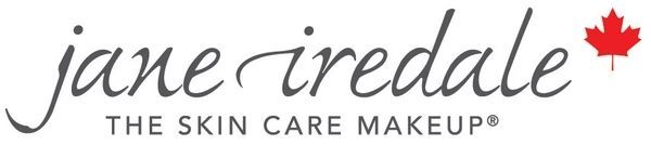 Logo de la marque de maquillage « Jane Iredale » avec une feuille d'érable rouge sur fond blanc.