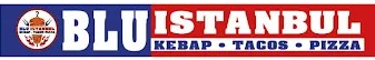 Logo BlUISTANBUL blu e bianco con scritte kebab, tacos e pizza e un'icona di cibo.