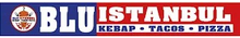 Logo BlUISTANBUL blu e bianco con scritte kebab, tacos e pizza e un'icona di cibo.