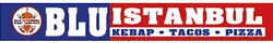 Logo BlUISTANBUL blu e bianco con scritte kebab, tacos e pizza e un'icona di cibo.
