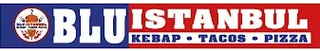 Logo BlUISTANBUL blu e bianco con scritte kebab, tacos e pizza e un'icona di cibo.