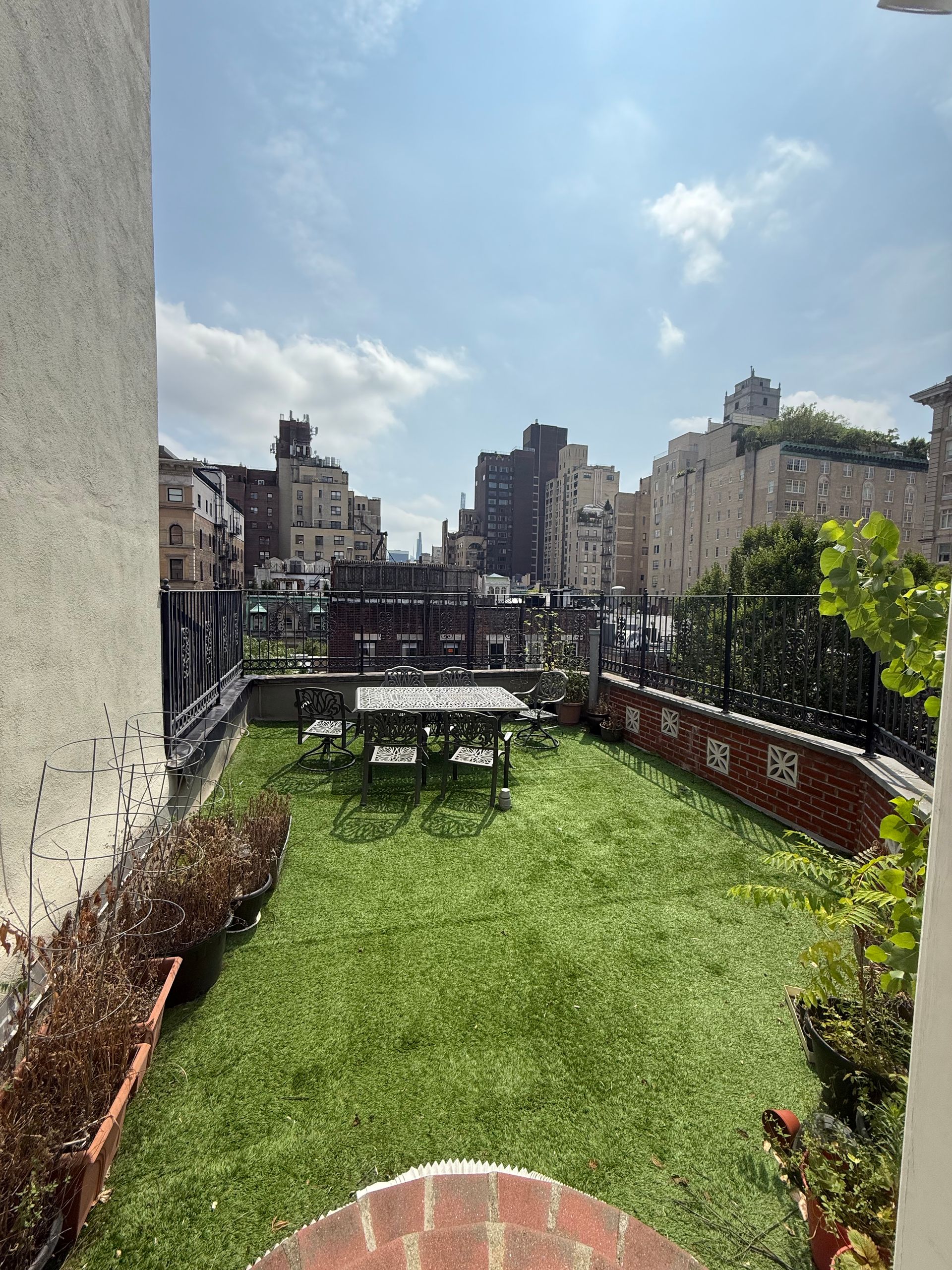 Rooftop patio with green turf, picnic table, and city buildings in the background under a blue sky.