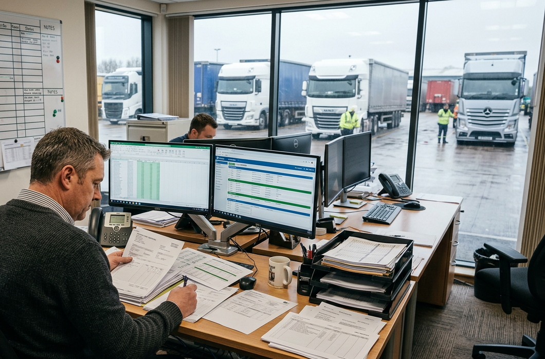 Transport Planner at desk monitoring truck fleet on multiple screens in a rainy logistics office