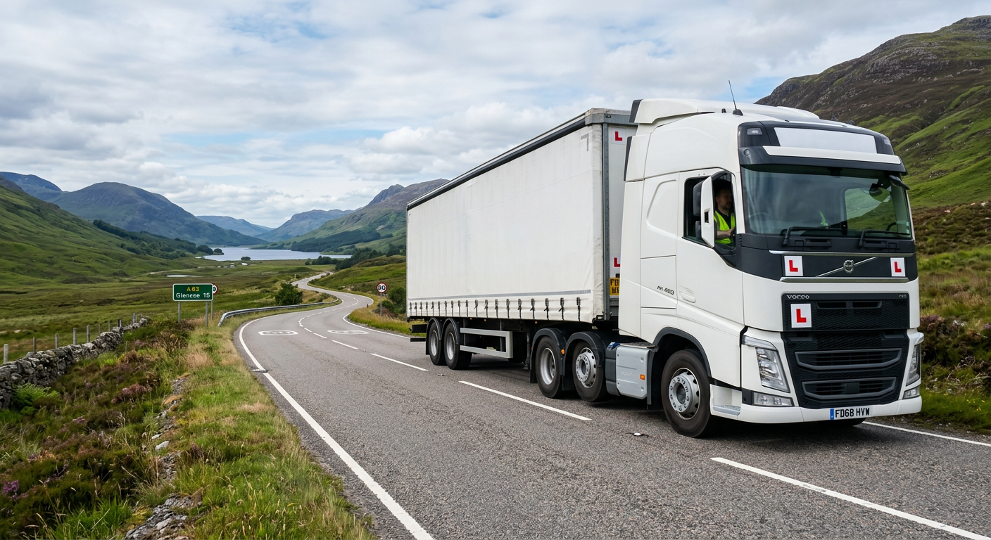 White semi-truck driving on a winding mountain road with green hills and cloudy sky