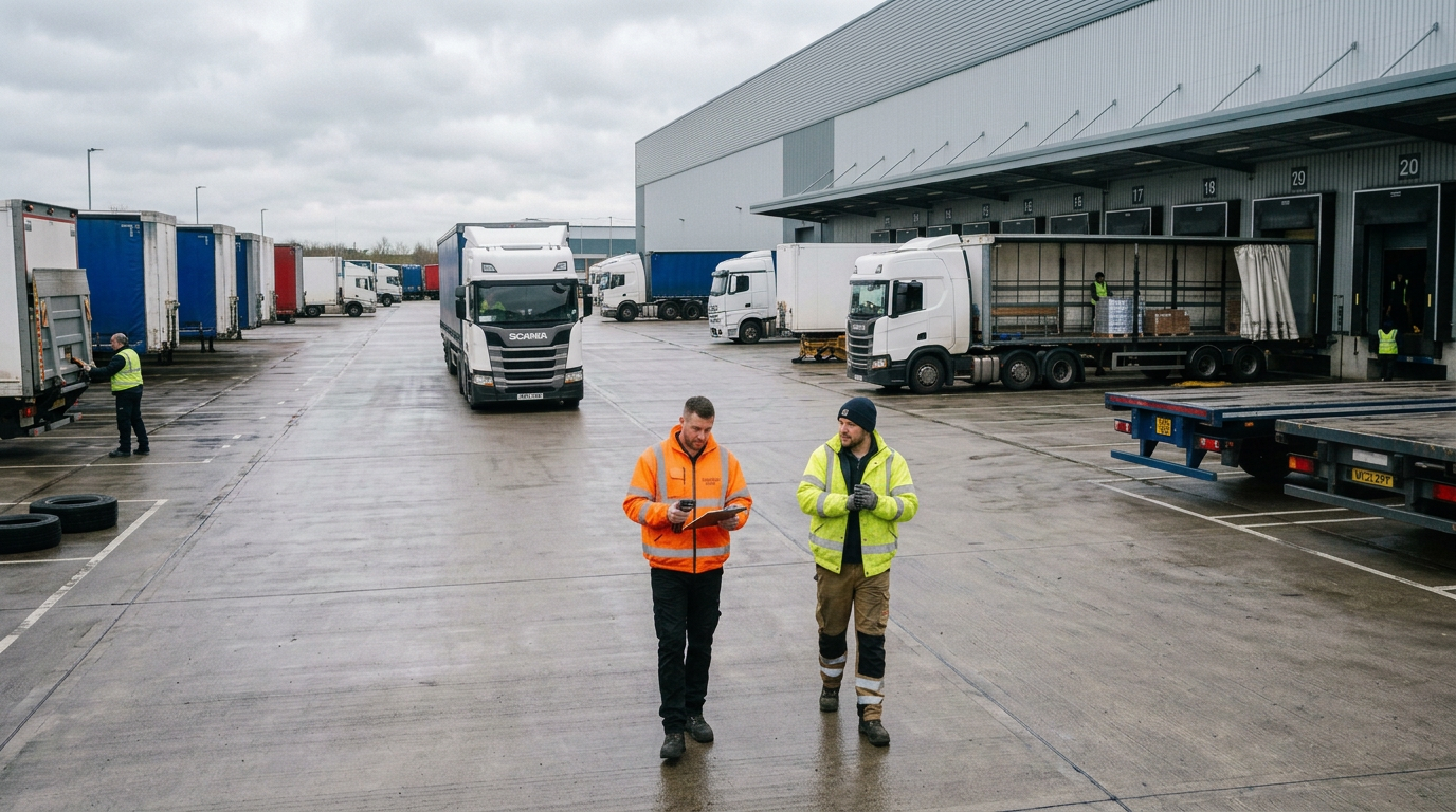 Two workers in orange and yellow safety jackets walk across a wet warehouse loading dock