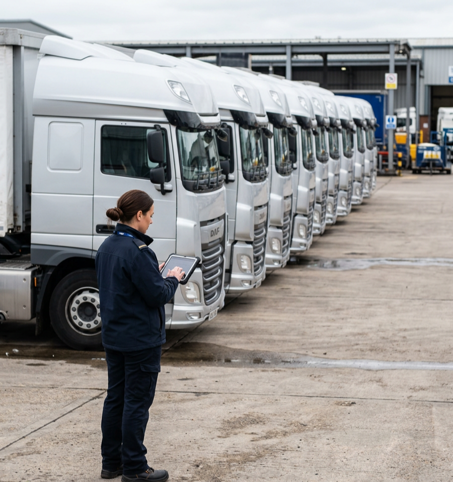 Worker with clipboard standing beside a row of parked white semi trucks in a depot