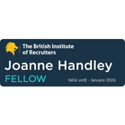 ID badge: Joanne Handley, Fellow, The British Institute of Recruiters. Valid until January 2026. Dark blue background.