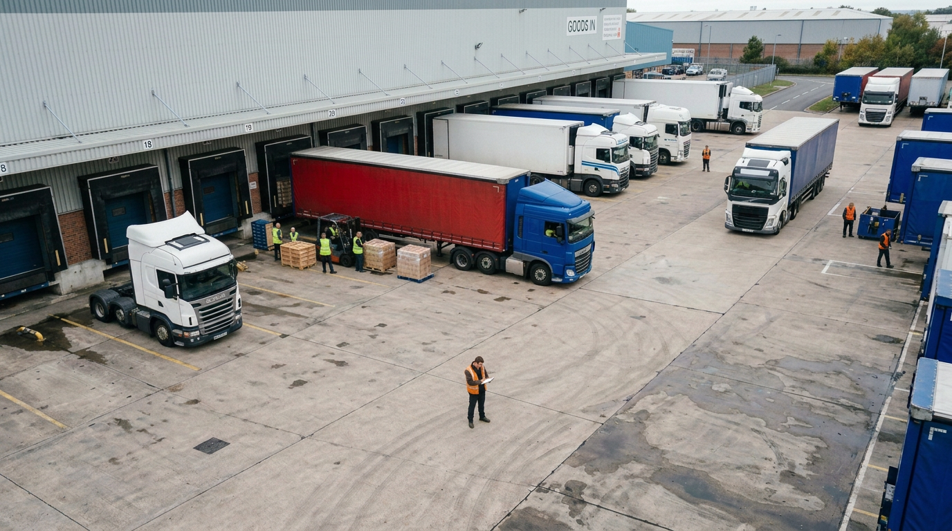 Truck loading dock with several semi-trailers, a person standing in the lot, and warehouse buildings.