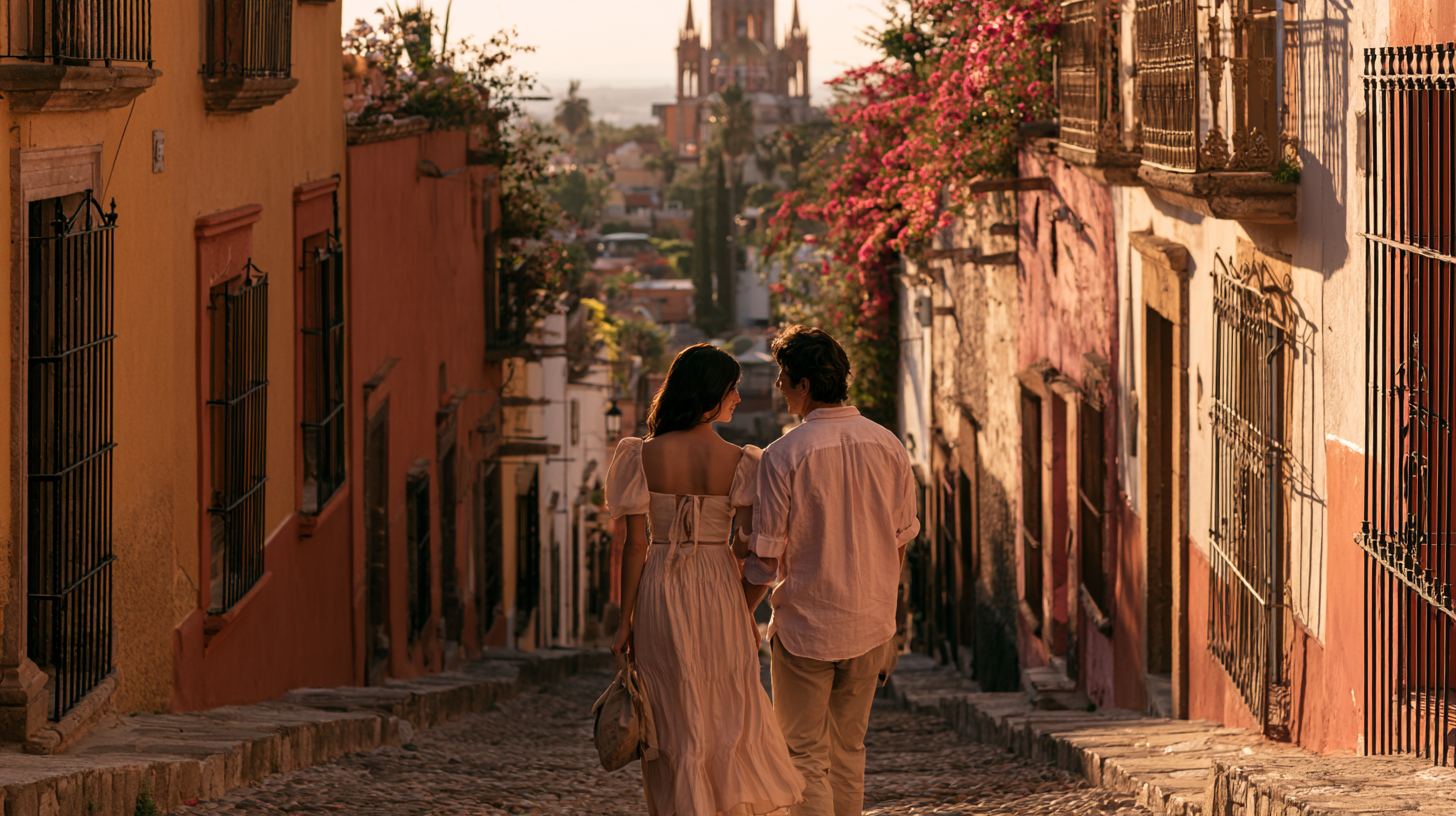 Pareja caminando por una calle empedrada de San Miguel de Allende al atardecer