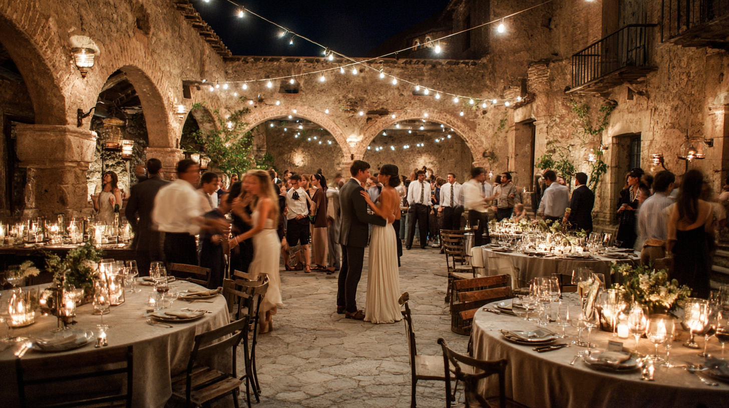 Boda en hacienda cerca de San Miguel de Allende: invitados brindando en mesas redondas de noche.
