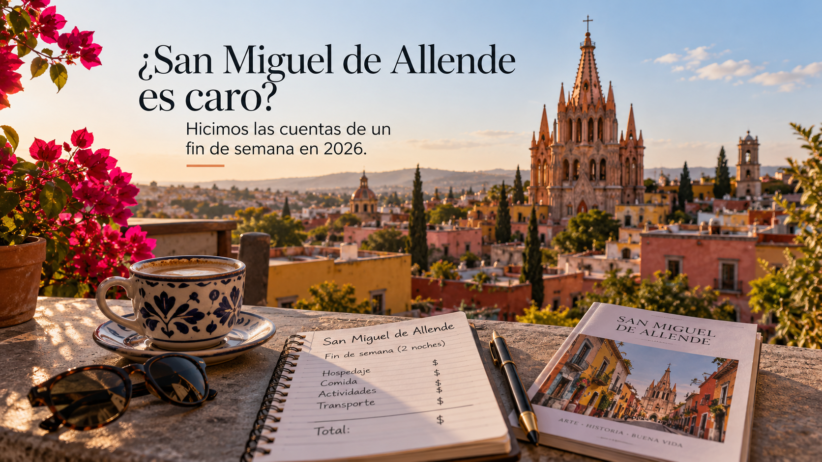 Libreta con presupuesto de viaje y café frente a los techos de San Miguel de Allende