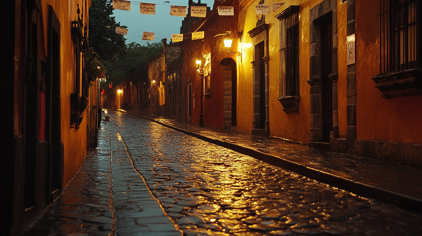 Calle empedrada de San Miguel de Allende vacía de madrugada bajo la luz de los faroles