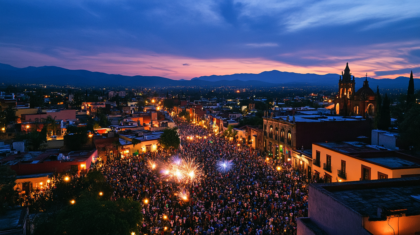 Multitud reunida en la plaza principal de San Miguel de Allende antes del amanecer durante la Albora