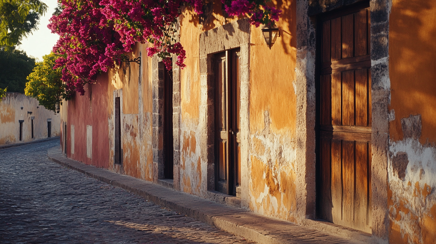 Calle empedrada con buganvilias en San Miguel de Allende, vacía a media mañana