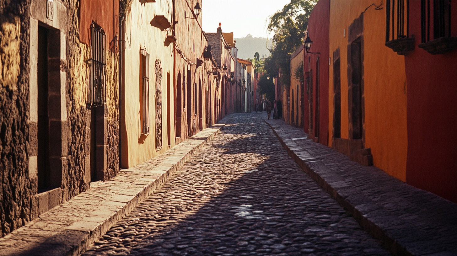 Calle empedrada y vacía de San Miguel de Allende a media mañana de un día entre semana