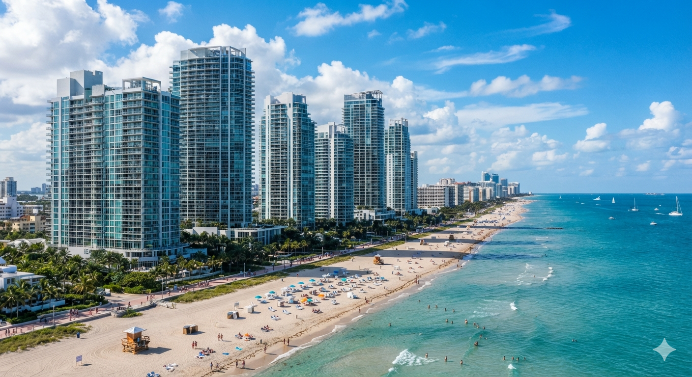 High-rise beachfront condos beside a sandy beach and turquoise ocean under a blue sky