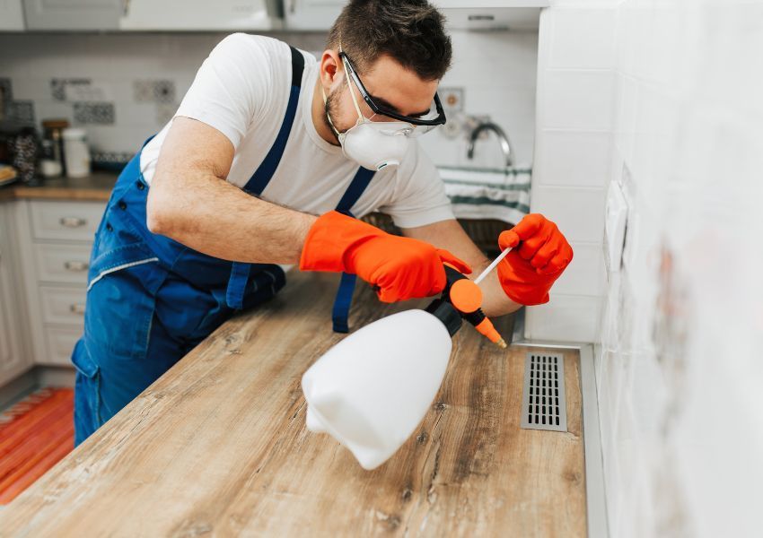 exterminator in mask, goggles and gloves using a spray to prevent pests from entering a vent