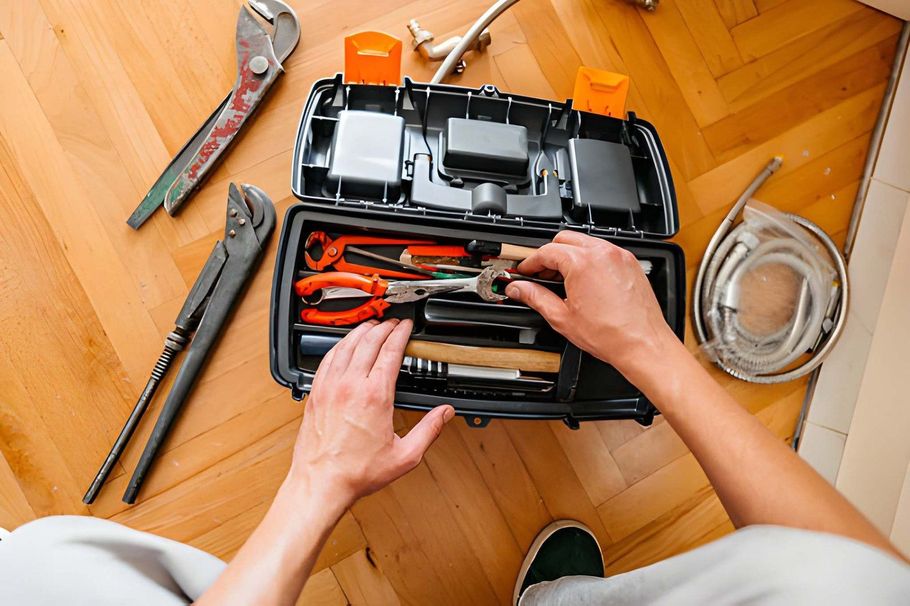 Person using a drill to install a door handle on a beige interior door.