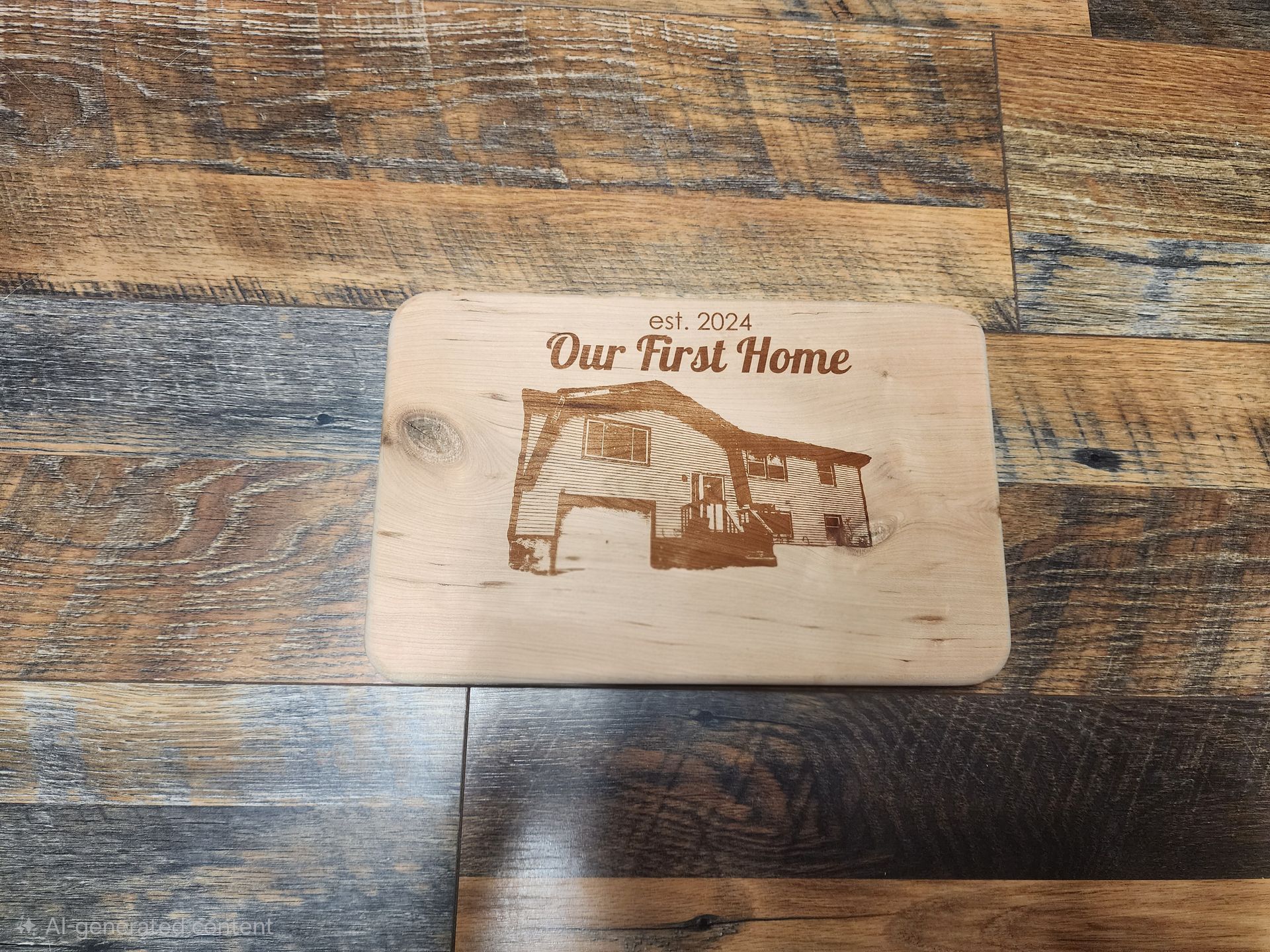 Wooden plaque engraved “Our First Home” with a house on a rustic wood background