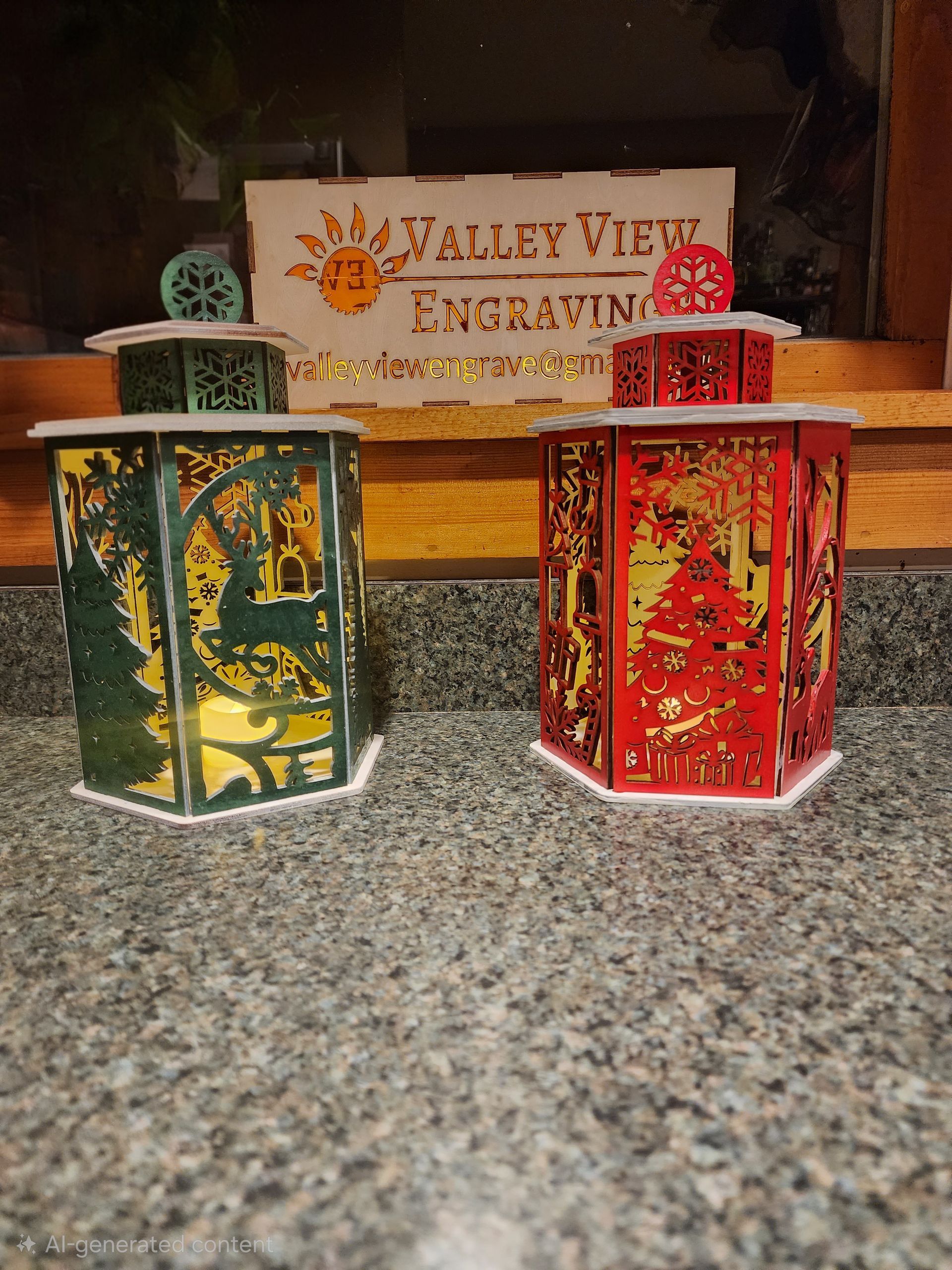 Two decorative lanterns, one green and one red, on a countertop with a bakery sign in the background