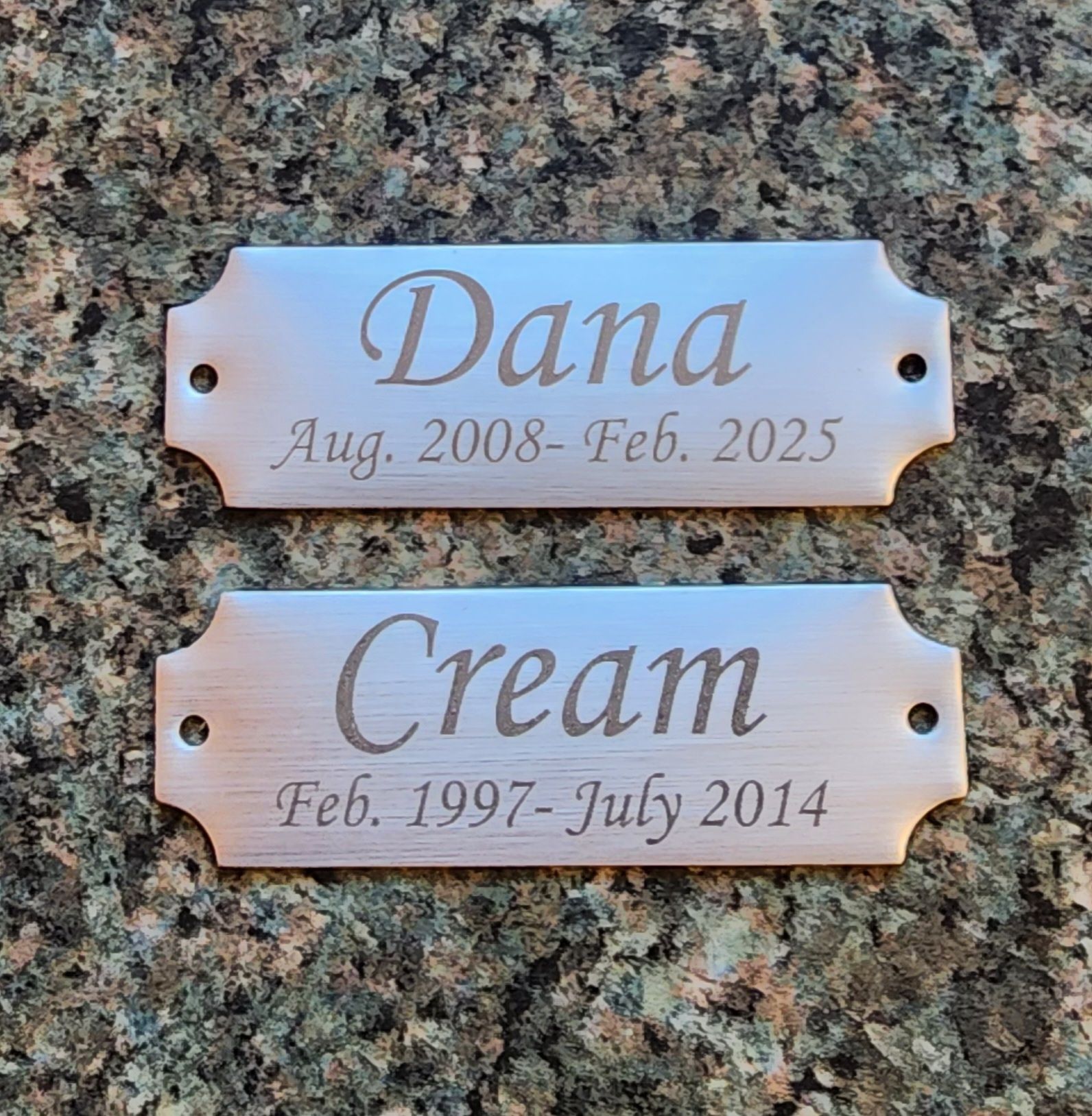 Two engraved pet memorial plaques reading Dana and Cream on a granite surface.