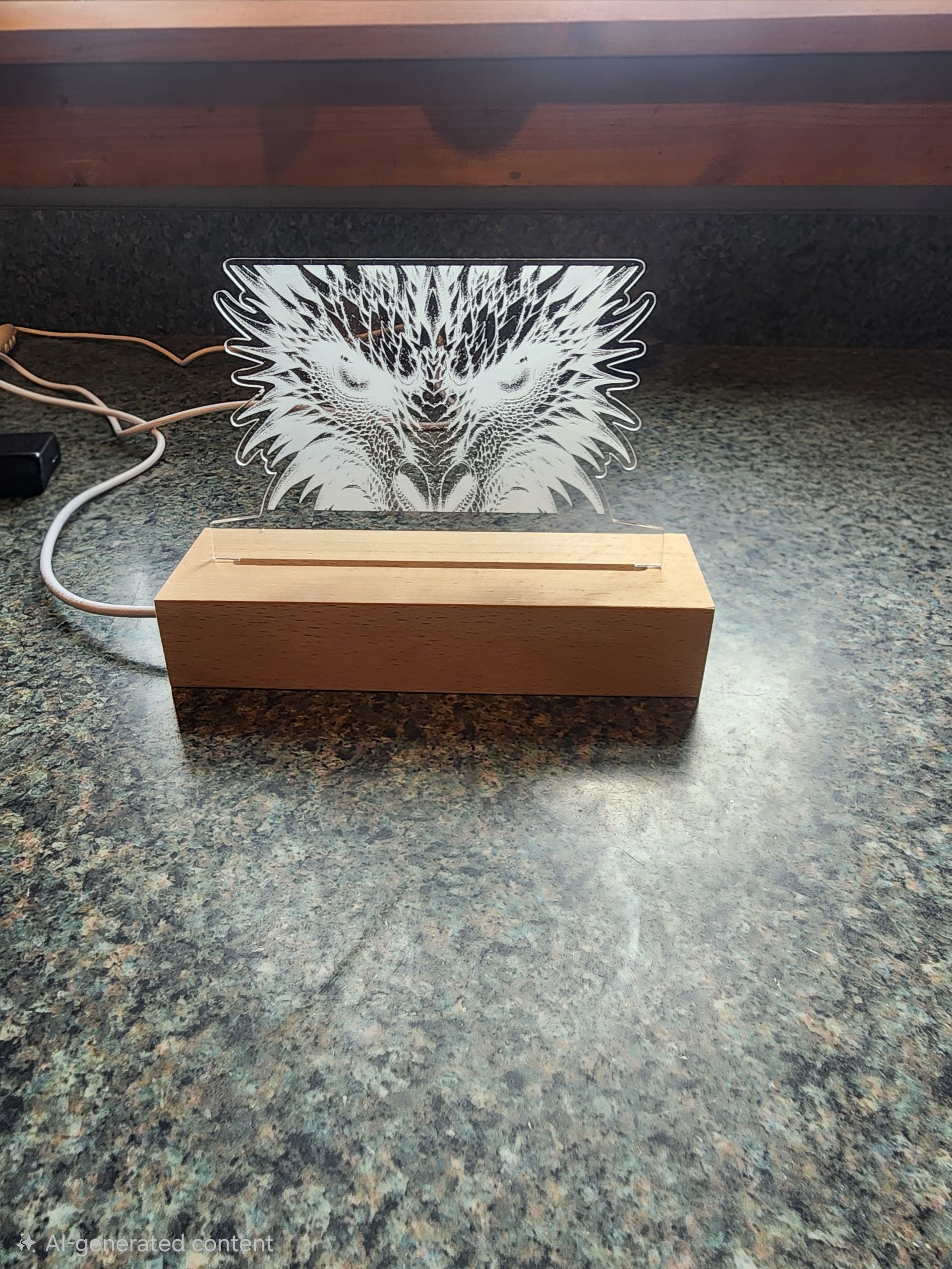 Wooden box on a countertop with a white abstract display behind it and a cable running to the left.