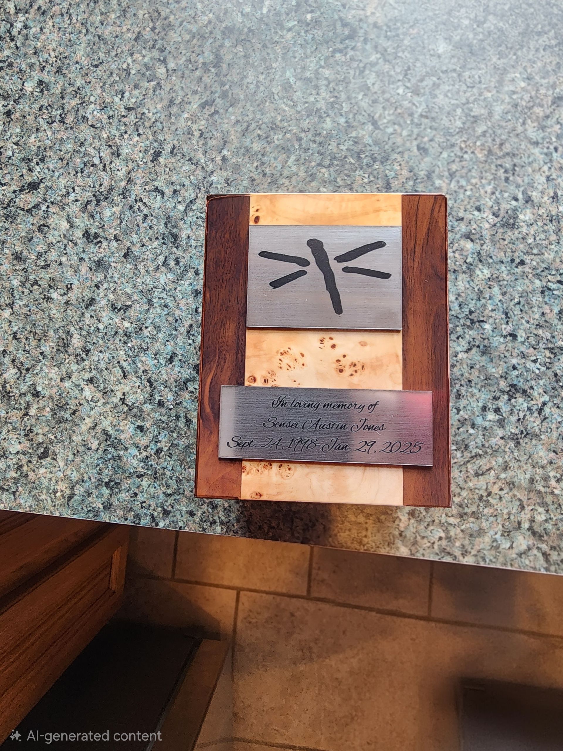 Small menu sign on a stone table with a dragonfly-like logo and handwritten text.