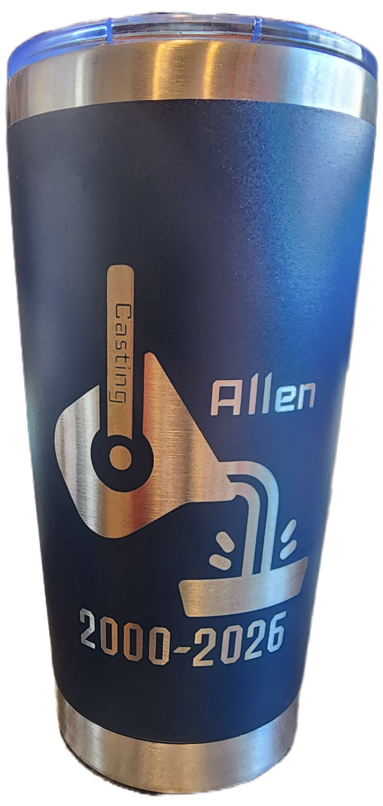 Black tumbler with blue and gold design, “Allen,” and “2000–2026” text